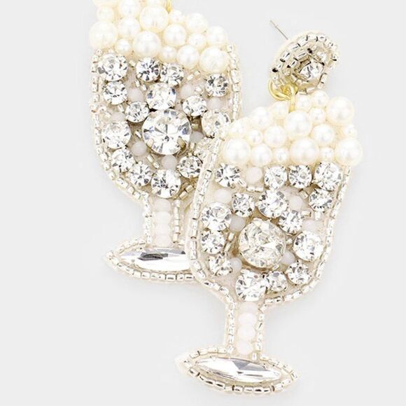 Ivory Pearl Rhinestone Cluster Champagne Earrings - Picture 2 of 5